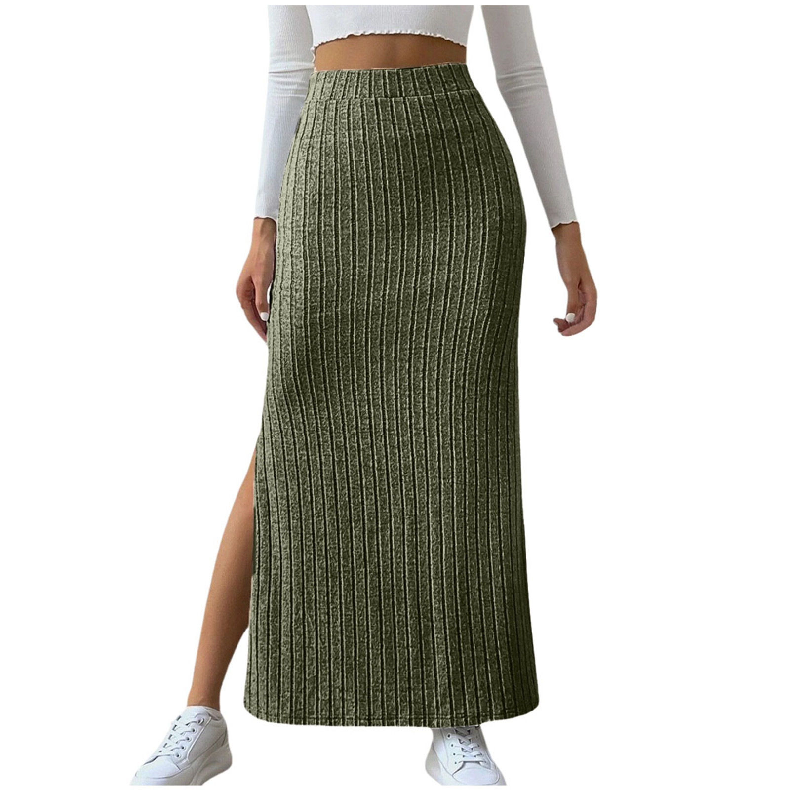 thumbnail image 1 of Falda lápiz midi elástica de punto acanalado de cintura alta para mujer: bajo con abertura, ajuste ceñido, ropa informal, 1 of 8